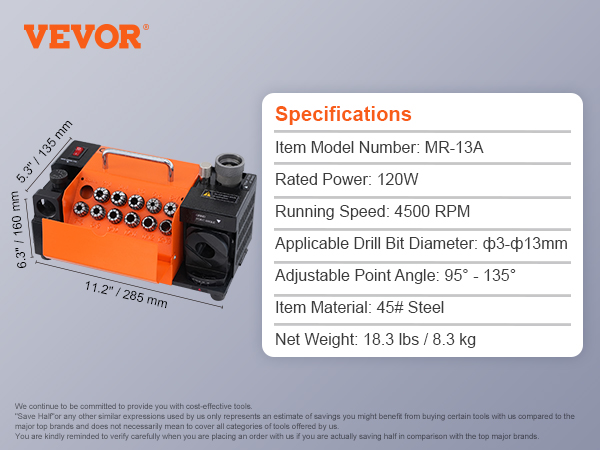 VEVOR drill bits sharpener mr-13a, 120w, 4500 rpm, adjustable angles, with collets and accessories.