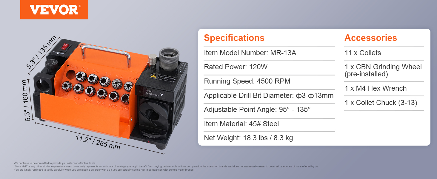 VEVOR drill bits sharpener mr-13a, 120w, 4500 rpm, adjustable angles, with collets and accessories.