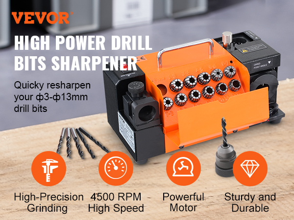 VEVOR drill bits sharpener on a workbench with various drill bits and features.