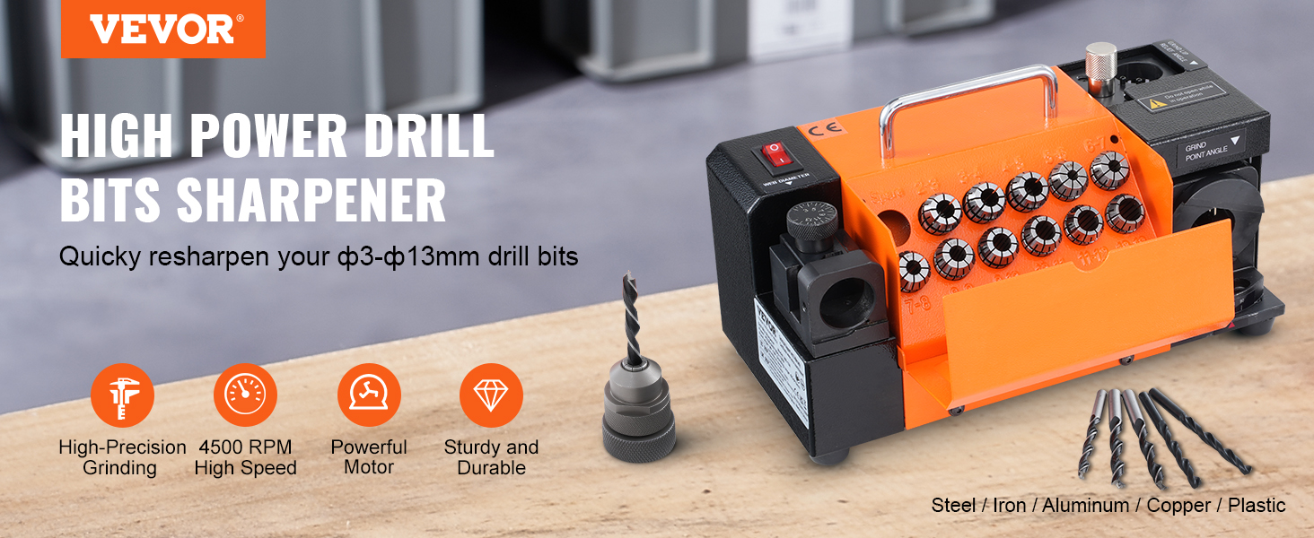 VEVOR drill bits sharpener on a workbench with various drill bits and features.
