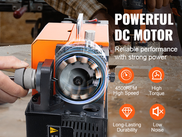 VEVOR drill bits sharpener with powerful dc motor, 4500rpm, high torque, durability, low noise.