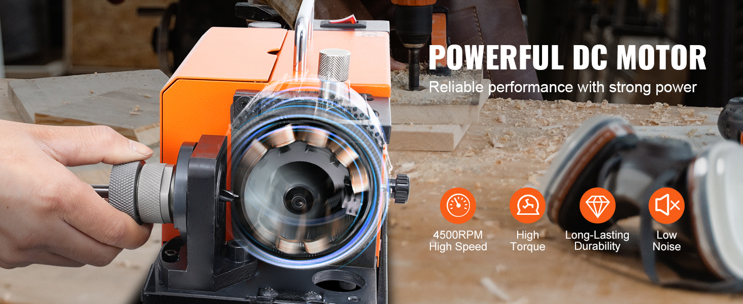 VEVOR drill bits sharpener with powerful dc motor, 4500rpm, high torque, durability, low noise.