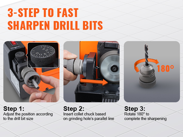 VEVOR drill bits sharpener: 3-step guide showing bit adjustment, collet insertion, and 180° rotation.