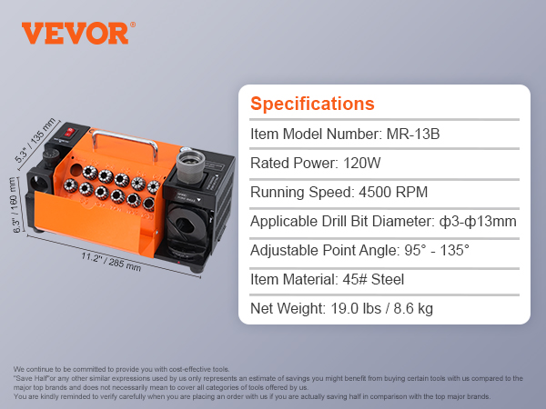 VEVOR drill bits sharpener mr-13b, 120w, 4500 rpm, φ3-φ13mm, adjustable point angle, accessories included