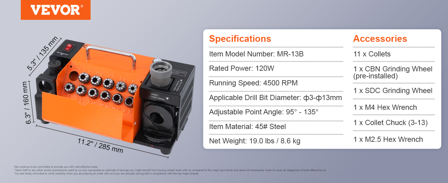 VEVOR drill bits sharpener mr-13b, 120w, 4500 rpm, φ3-φ13mm, adjustable point angle, accessories included