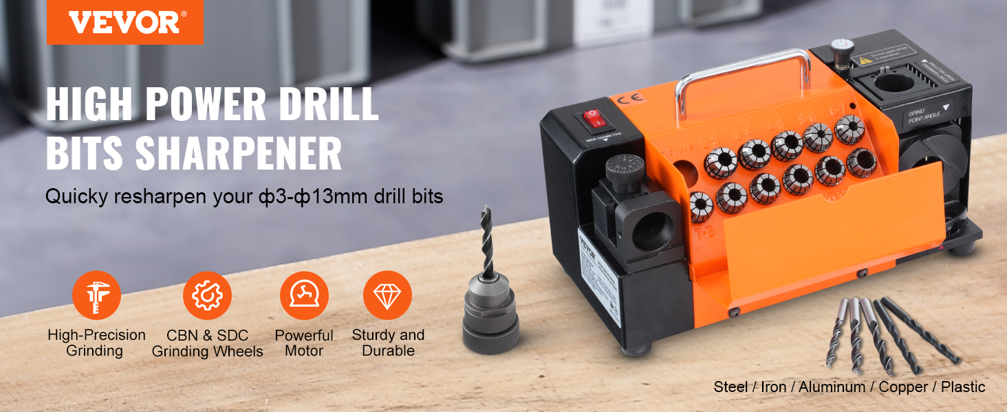 VEVOR drill bits sharpener with high-precision grinding wheels and powerful motor for various materials.