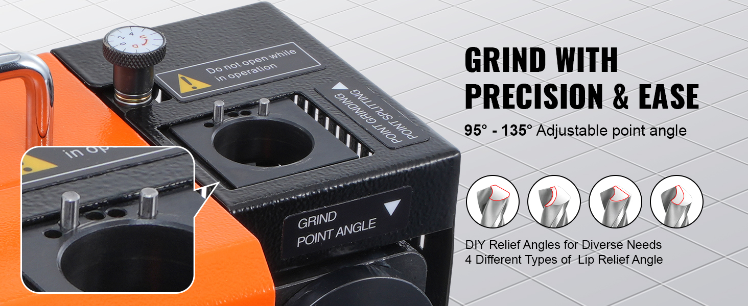 VEVOR drill bits sharpener, 95°-135° adjustable point angle, grind with precision and ease.