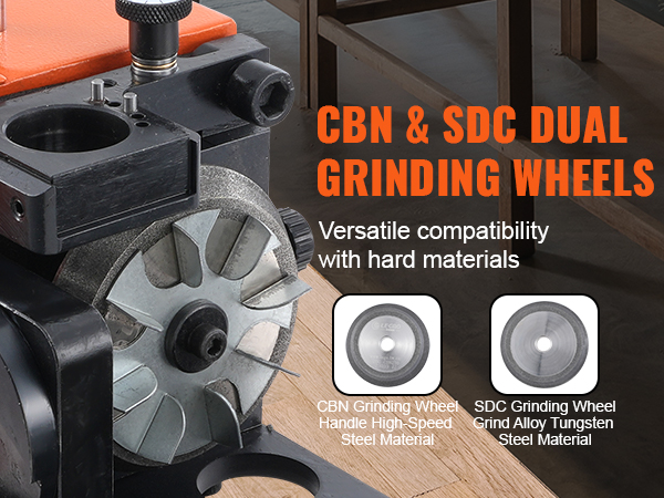 cbn & sdc dual grinding wheels for VEVOR drill bits sharpener, handles high-speed and tungsten steel materials.