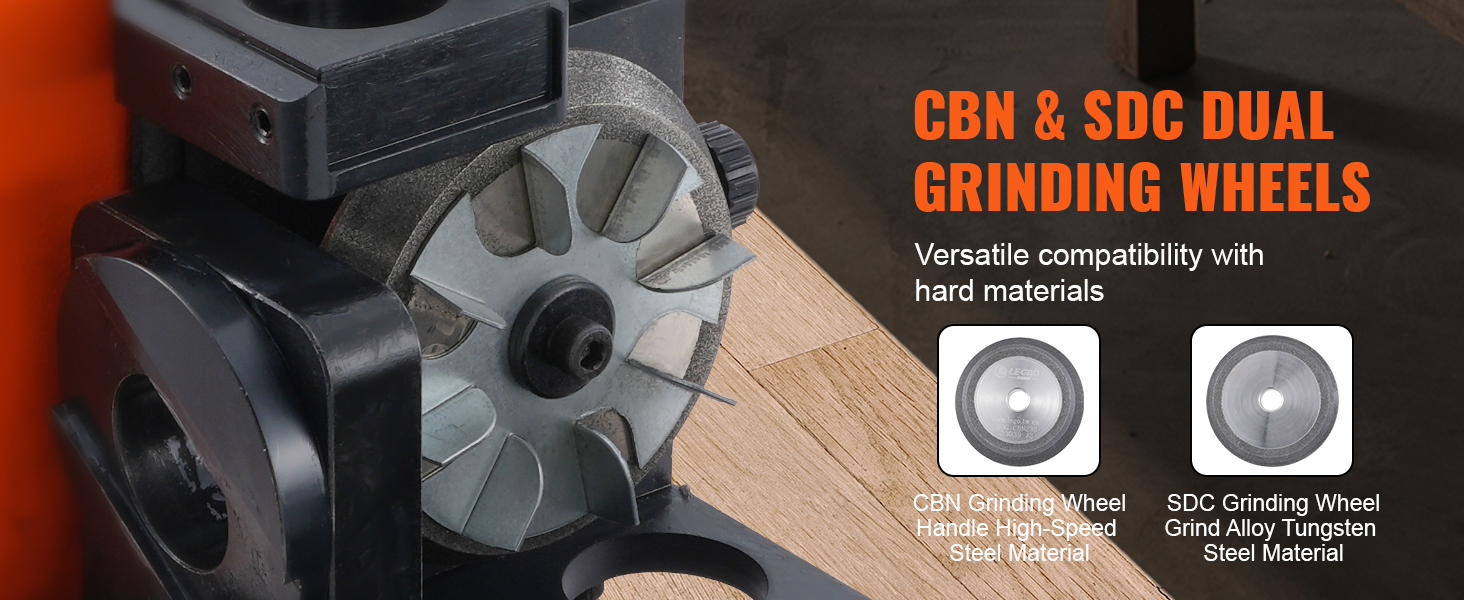 cbn & sdc dual grinding wheels for VEVOR drill bits sharpener, handles high-speed and tungsten steel materials.