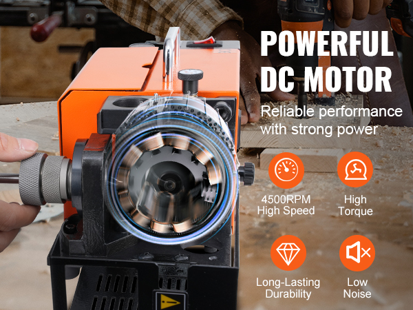 VEVOR drill bits sharpener with powerful dc motor, high torque, 4500rpm speed, low noise, durable.