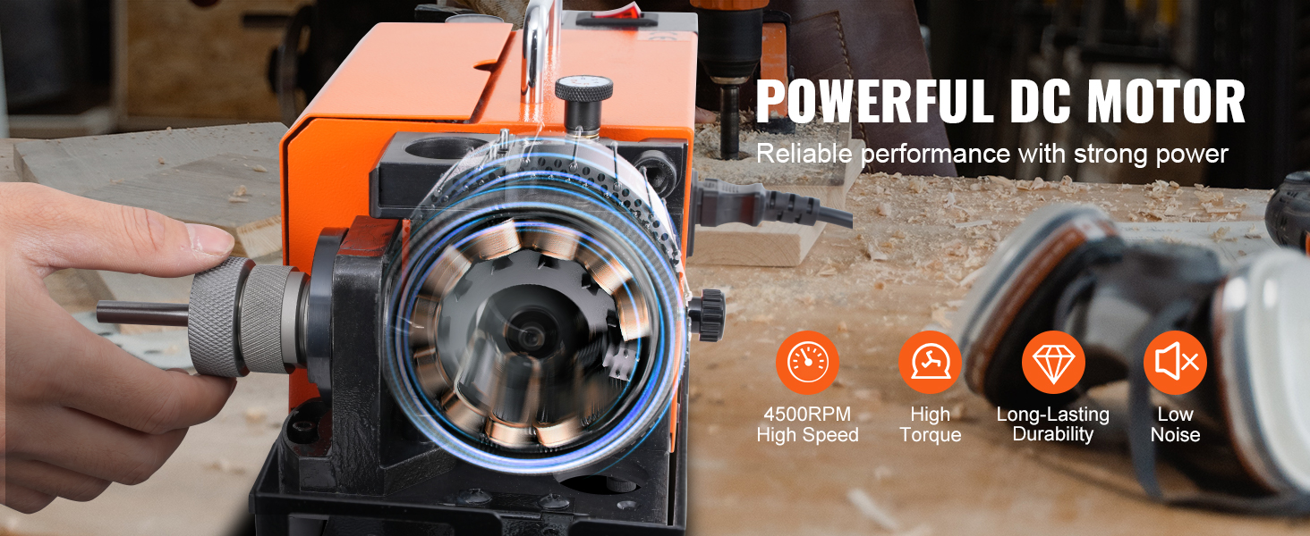 VEVOR drill bits sharpener with powerful dc motor, high torque, 4500rpm speed, low noise, durable.