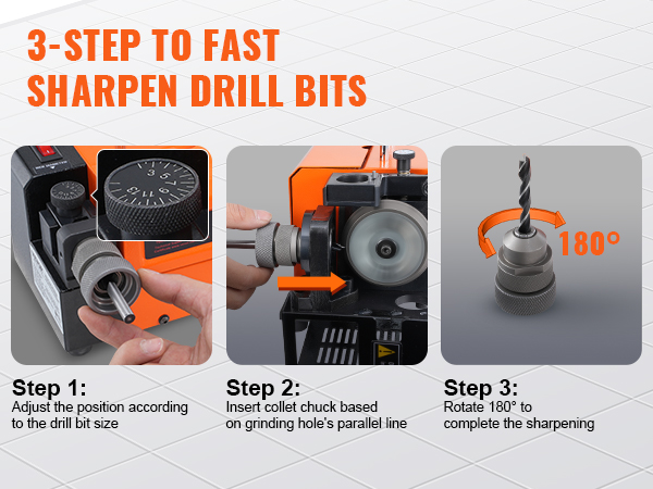 3-step process to sharpen drill bits using VEVOR drill bits sharpener.