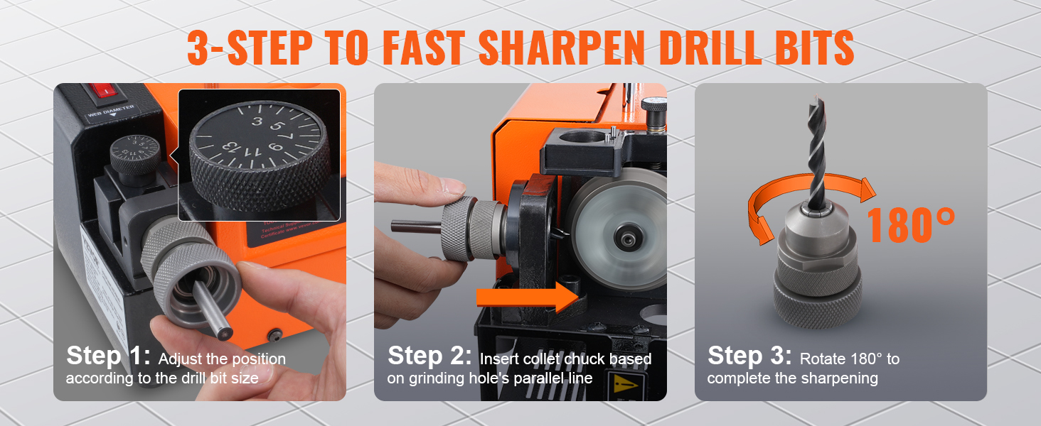 3-step process to sharpen drill bits using VEVOR drill bits sharpener.
