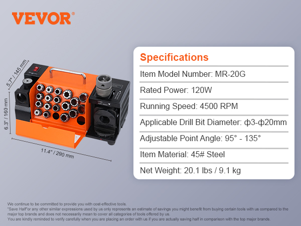 VEVOR drill bits sharpener with dimensions, specifications, and accessories list on display.