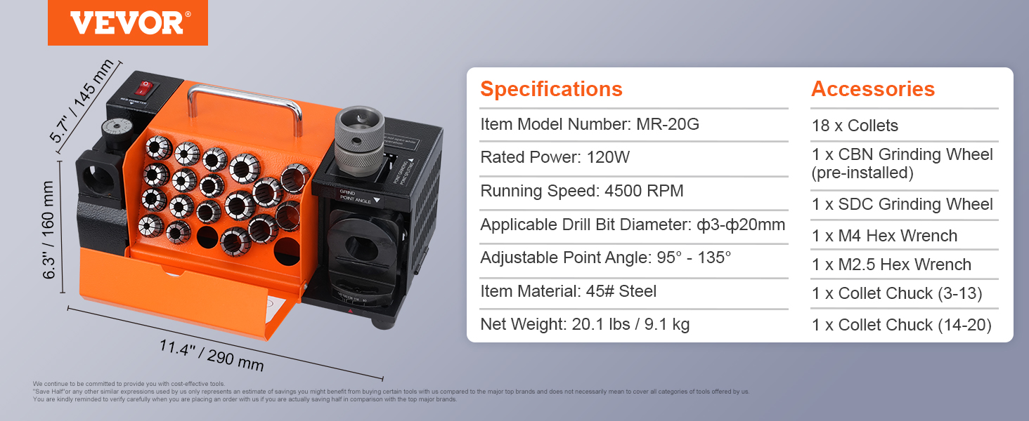 VEVOR drill bits sharpener with dimensions, specifications, and accessories list on display.