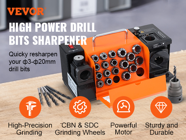 VEVOR drill bits sharpener with high-precision grinding, powerful motor, and sturdy design for multiple materials.