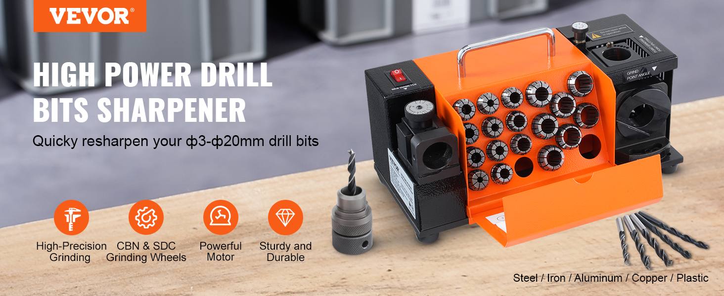 VEVOR drill bits sharpener with high-precision grinding, powerful motor, and sturdy design for multiple materials.