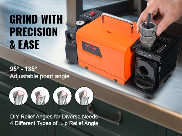 VEVOR drill bits sharpener with adjustable point angle for precise grinding and various lip relief angles.