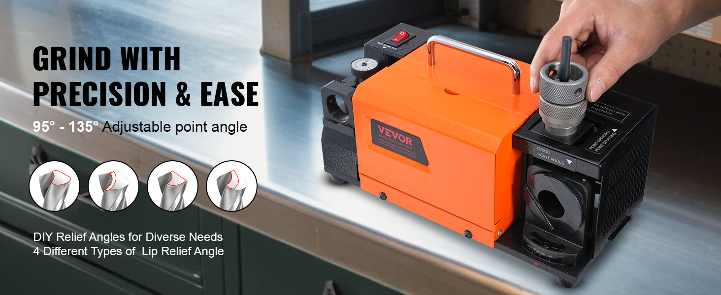 VEVOR drill bits sharpener with adjustable point angle for precise grinding and various lip relief angles.