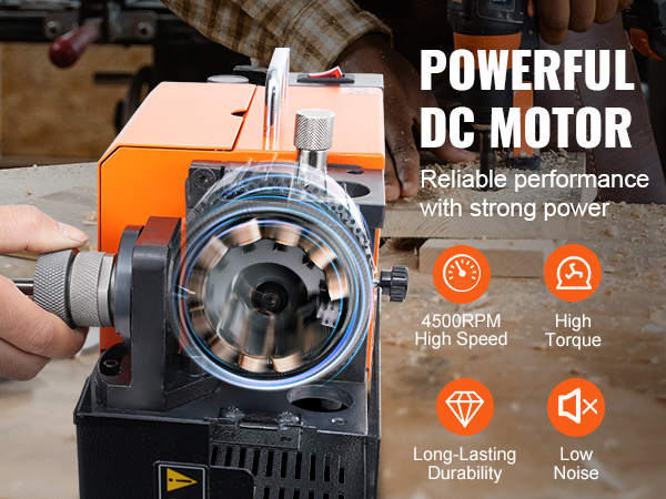 orange VEVOR drill bits sharpener powered by dc motor, showcasing high speed, torque, durability, and low noise.