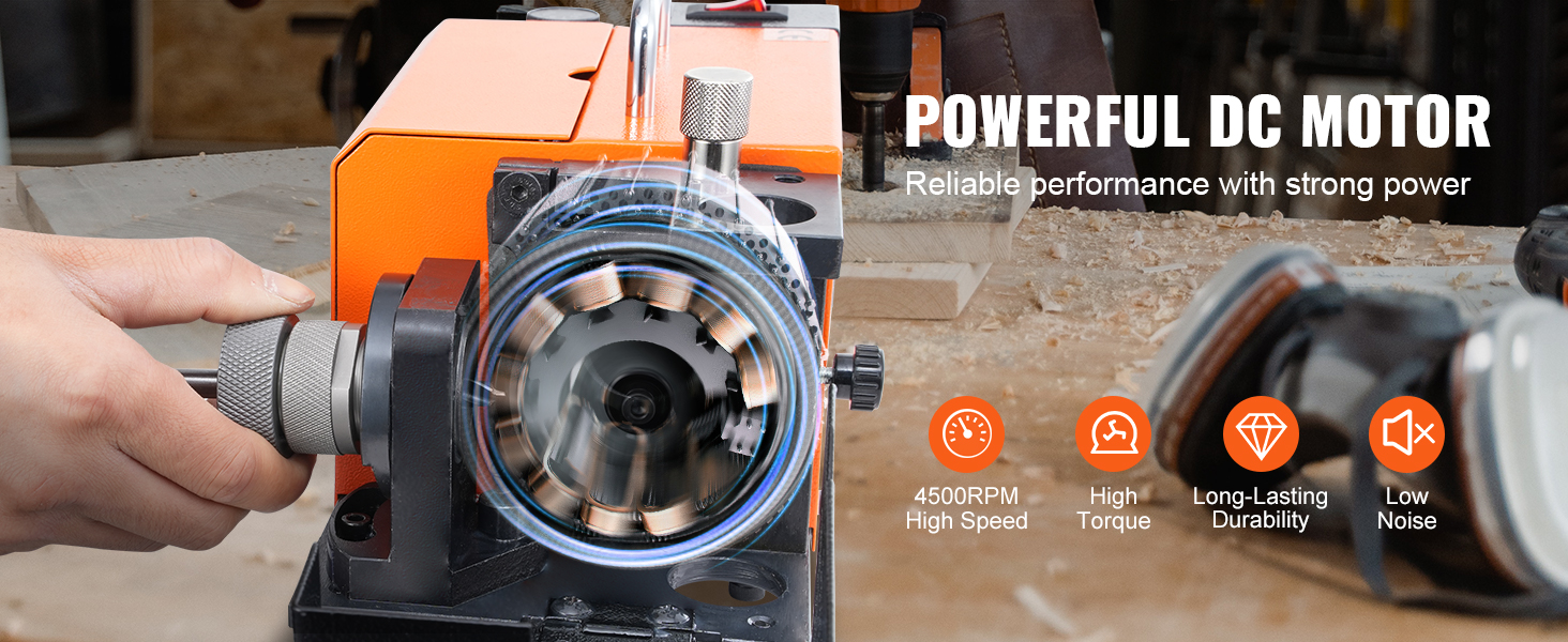 orange VEVOR drill bits sharpener powered by dc motor, showcasing high speed, torque, durability, and low noise.