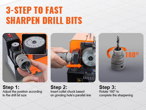 3-step process to fast sharpen with VEVOR drill bits sharpener. adjust, insert, and rotate for sharp bits.