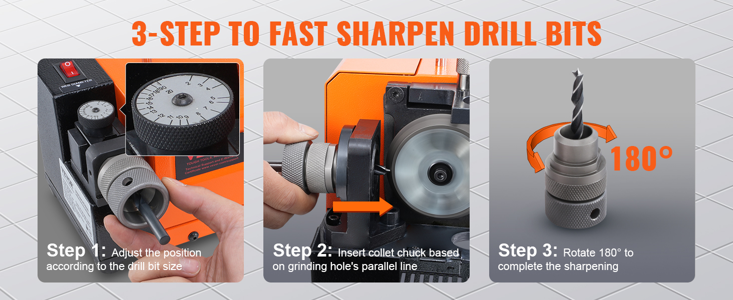 3-step process to fast sharpen with VEVOR drill bits sharpener. adjust, insert, and rotate for sharp bits.