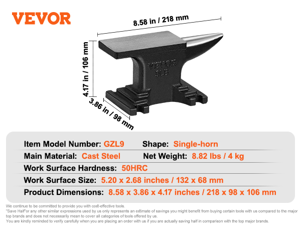 VEVOR anvil, model gzl9, single-horn, cast steel, 8.82 lbs, dimensions 8.58 x 3.86 x 4.17 inches.