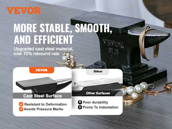 VEVOR anvil with cast steel surface, showcasing jewelry, and highlighting resistance to deformation.