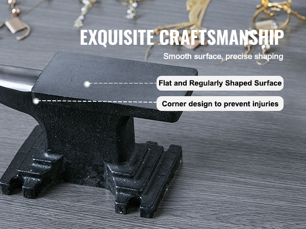 VEVOR anvil with smooth surface and rounded corners on a grey workbench, surrounded by jewelry tools.