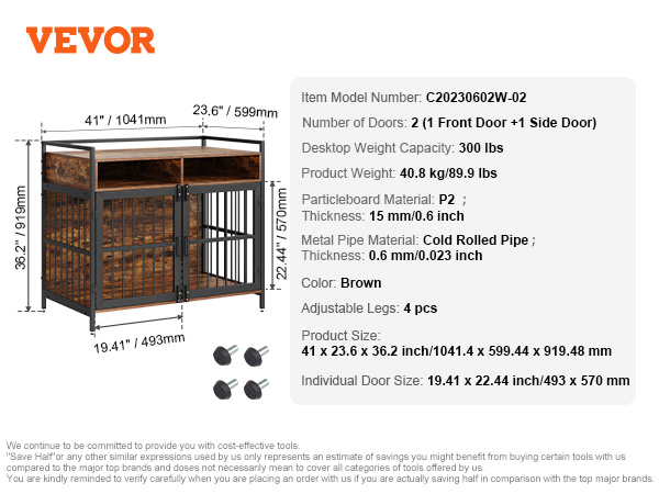 VEVOR furniture style dog crate, brown with 2 doors, adjustable legs, and a 300 lb desktop capacity.