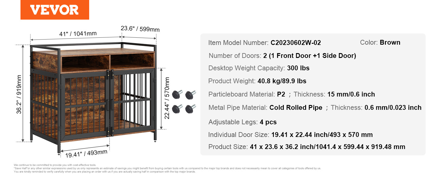 VEVOR furniture style dog crate, brown with 2 doors, adjustable legs, and a 300 lb desktop capacity.