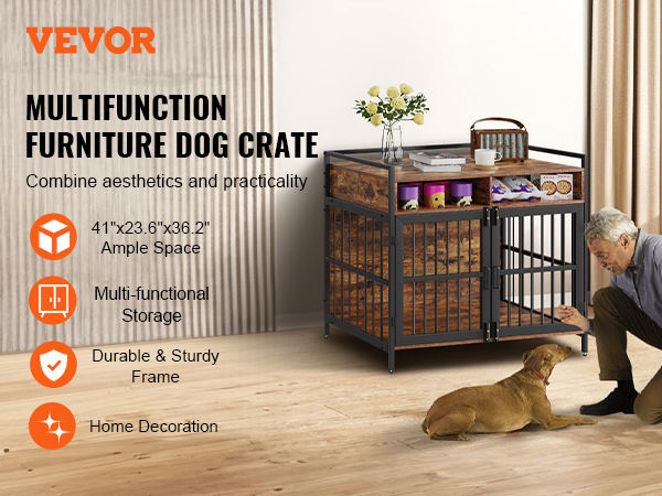 VEVOR furniture style dog crate showcasing ample space and multifunctional storage in a cozy living room.