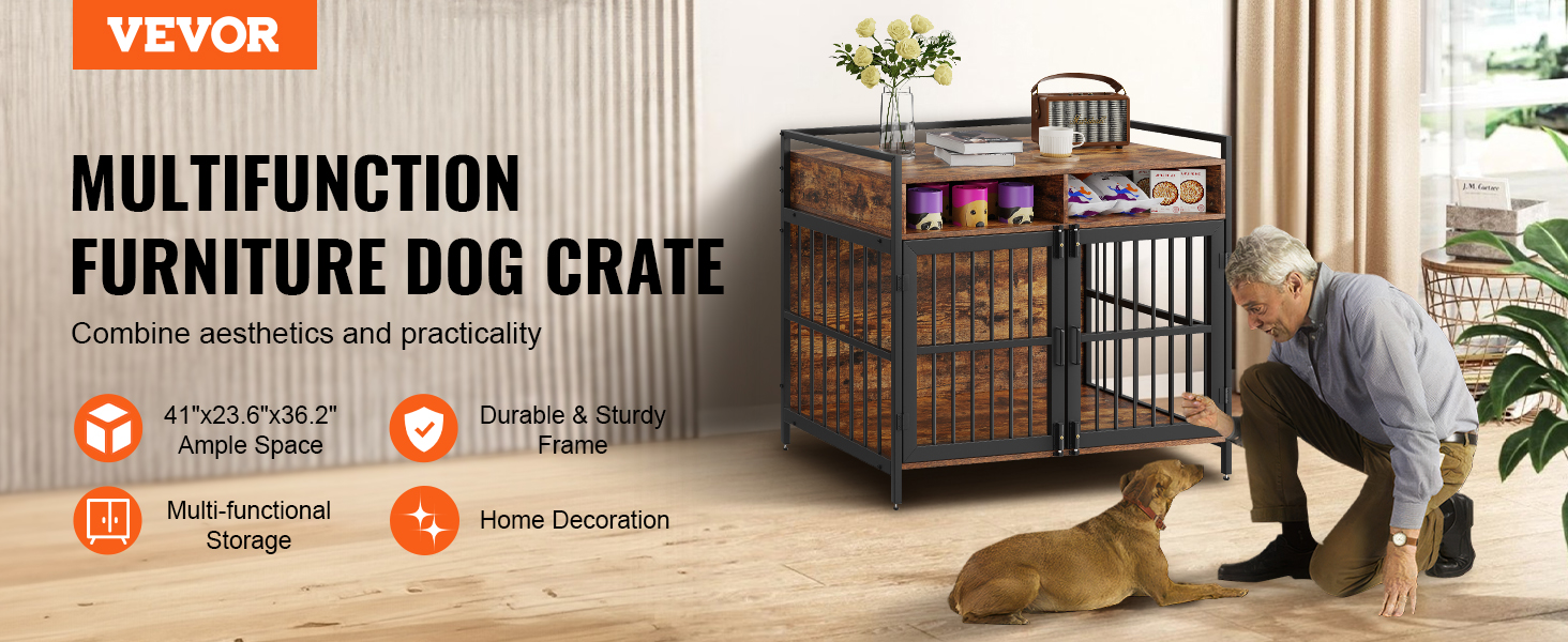 VEVOR furniture style dog crate showcasing ample space and multifunctional storage in a cozy living room.