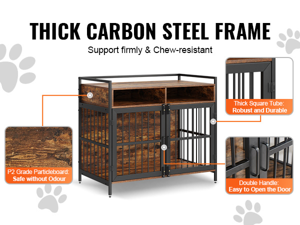 thick carbon steel VEVOR furniture style dog crate with wood finish, double handle, and epa certification.