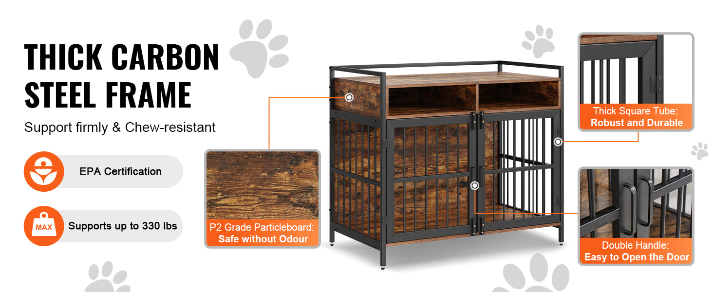 thick carbon steel VEVOR furniture style dog crate with wood finish, double handle, and epa certification.