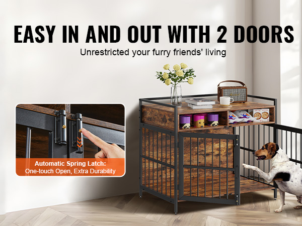 VEVOR furniture style dog crate with two doors, automatic spring latch, and storage shelves.