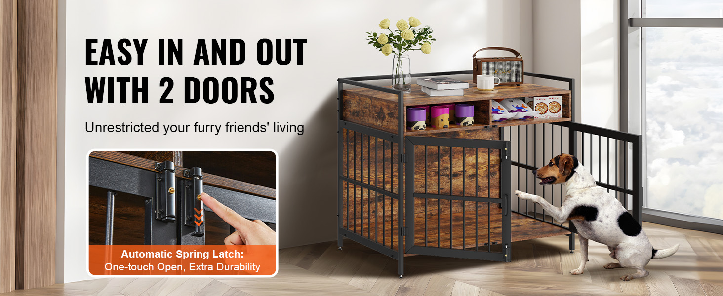 VEVOR furniture style dog crate with two doors, automatic spring latch, and storage shelves.