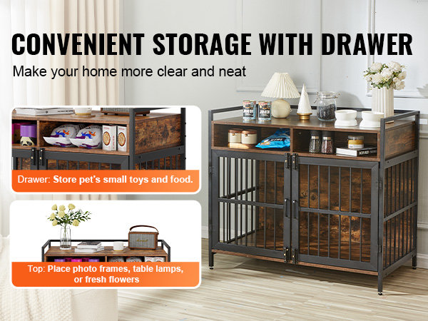 VEVOR furniture style dog crate with storage drawer and display space in cozy living room setting.