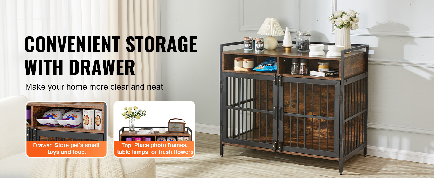 VEVOR furniture style dog crate with storage drawer and display space in cozy living room setting.