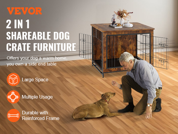 VEVOR dog crate furniture, 2-in-1 shareable design, offers large space, durability, and multiple usage.