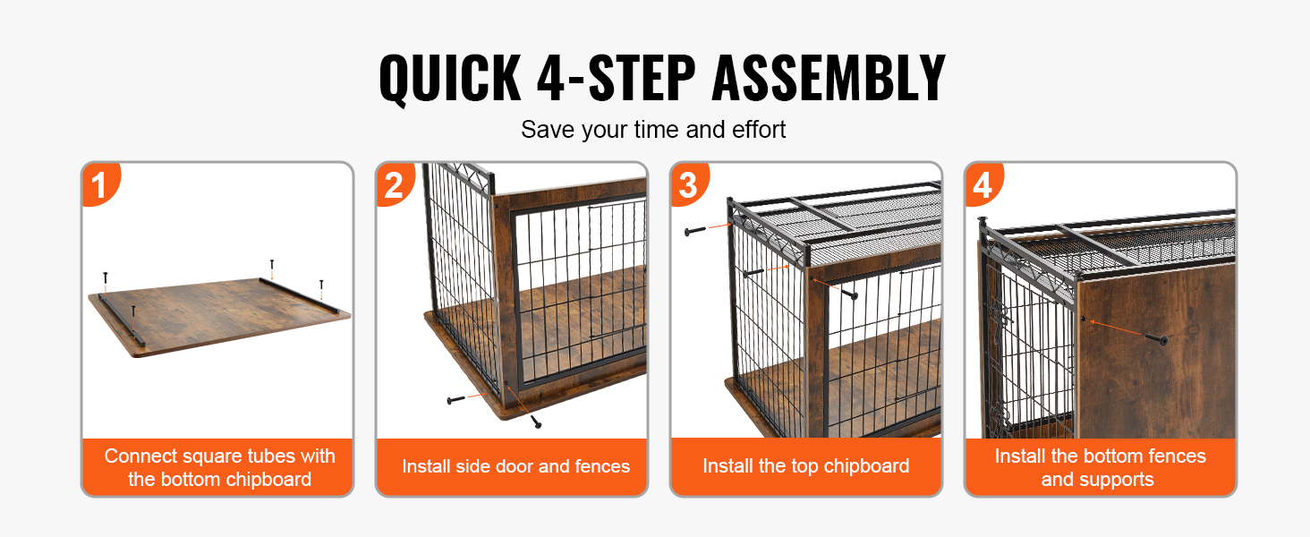 quick 4-step assembly guide for VEVOR dog crate furniture, from base to finishing details.