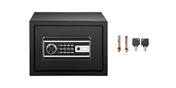 black VEVOR fingerprint safe box with keypad, keys, and bolts included.