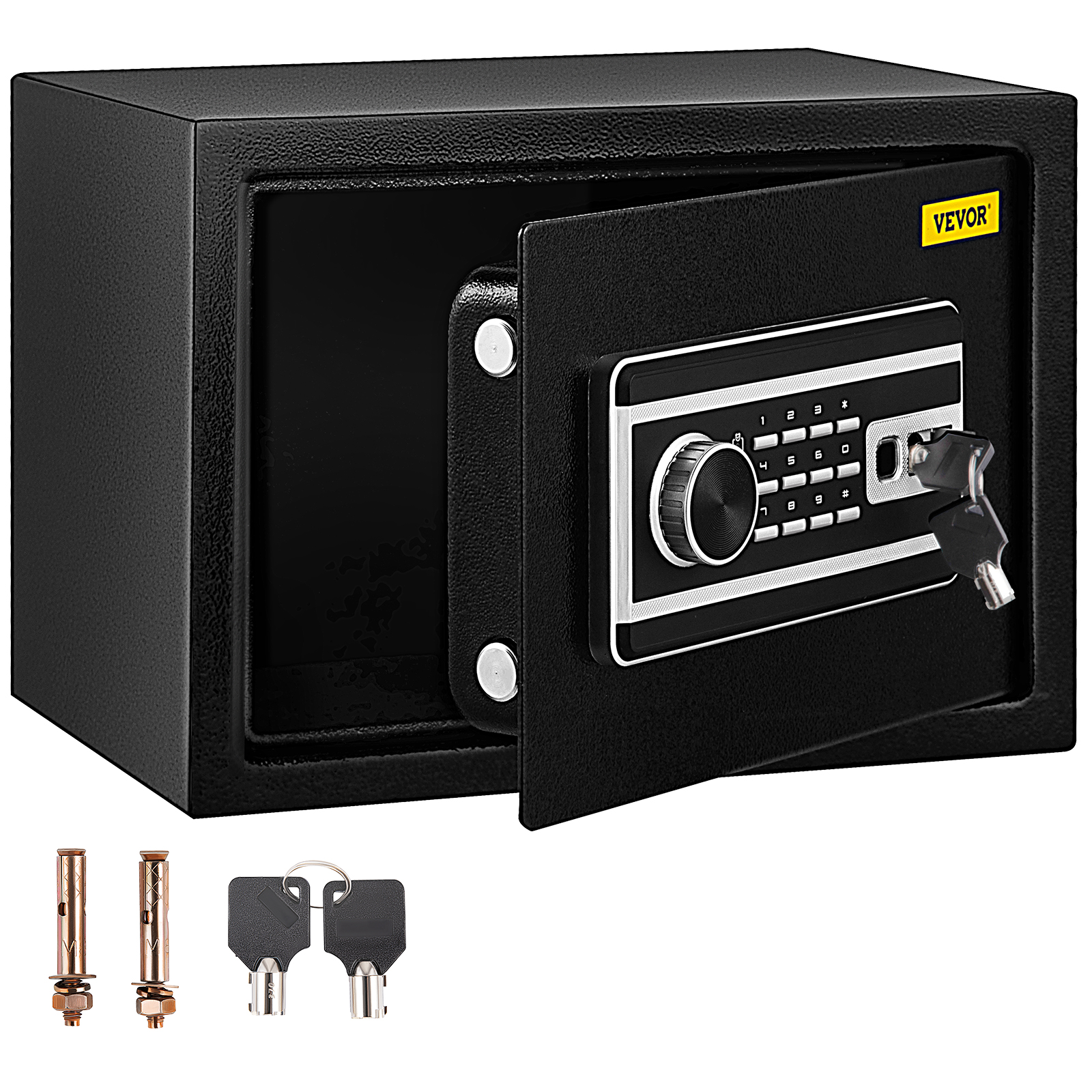 VEVOR fingerprint safe box with open door, keypad, and included keys and bolts.