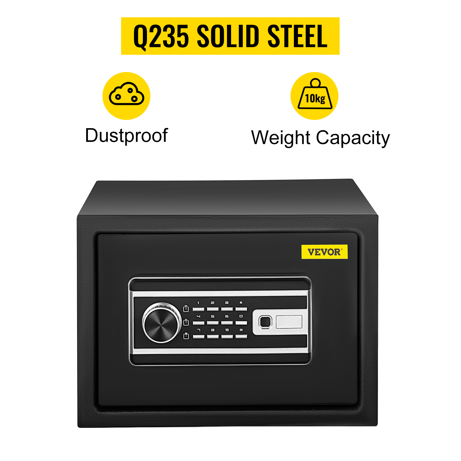VEVOR fingerprint safe box with q235 solid steel, dustproof, 10kg weight capacity.