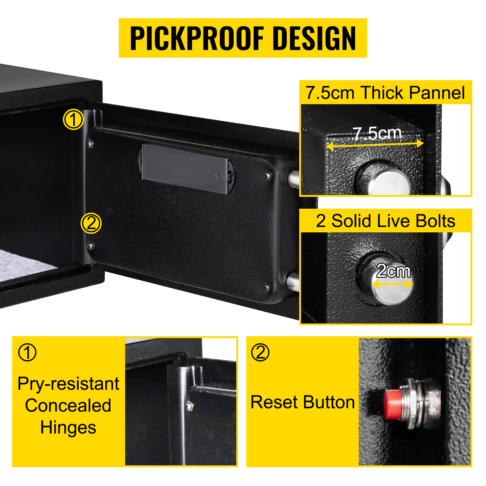 VEVOR fingerprint safe box with concealed hinges, solid live bolts, and reset button.