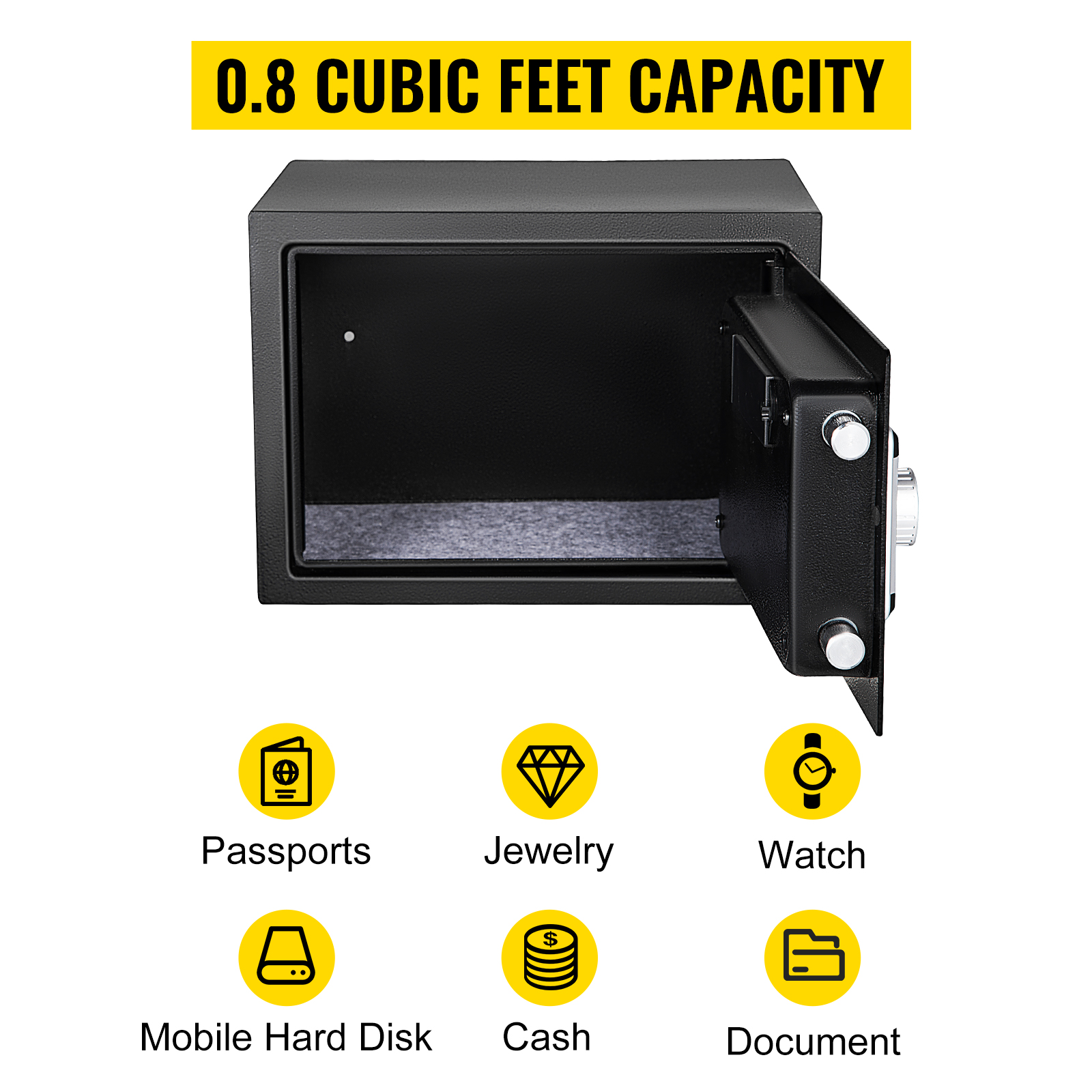 VEVOR fingerprint safe box with 0.8 cubic feet capacity for valuables storage.