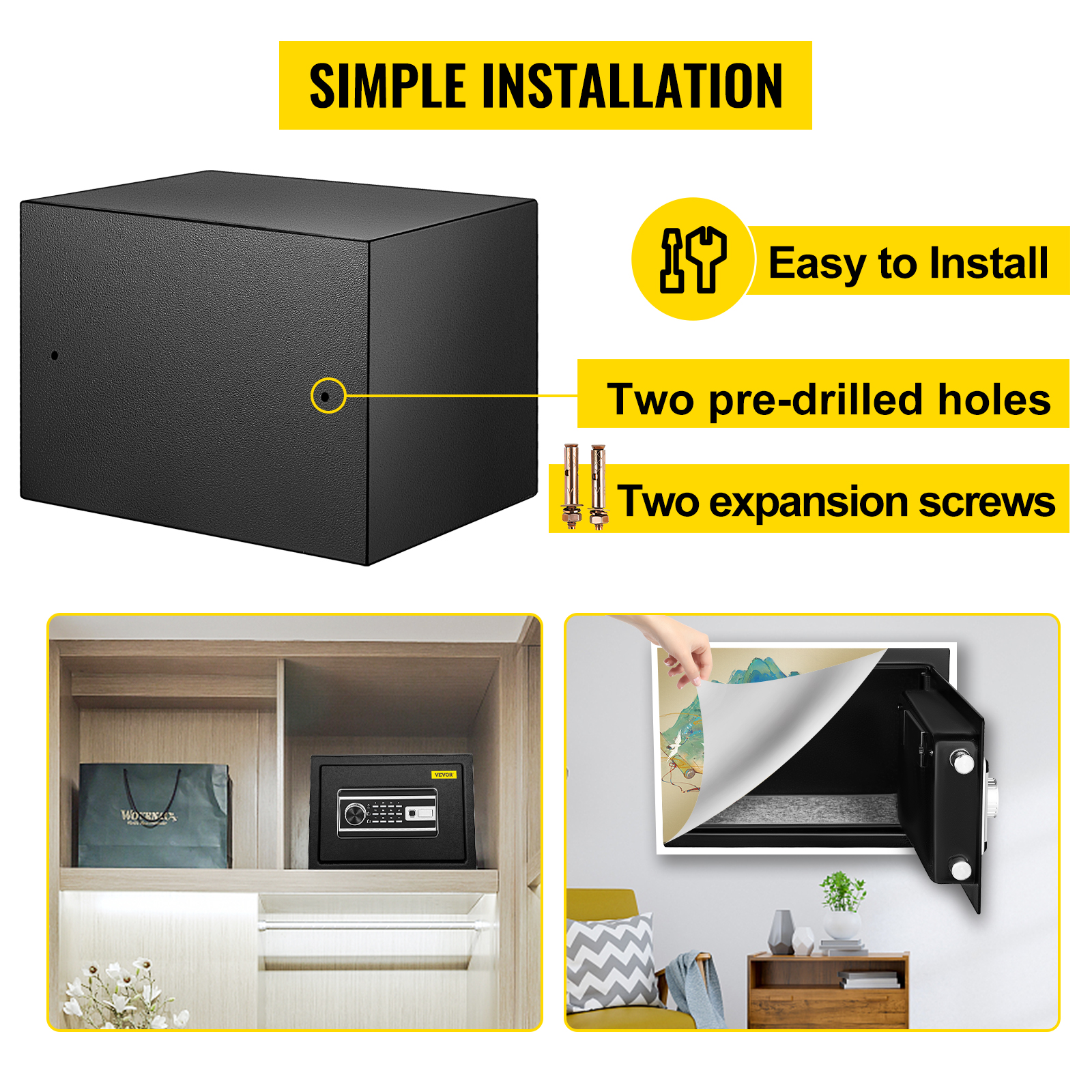 VEVOR fingerprint safe box with pre-drilled holes, expansion screws for easy installation.