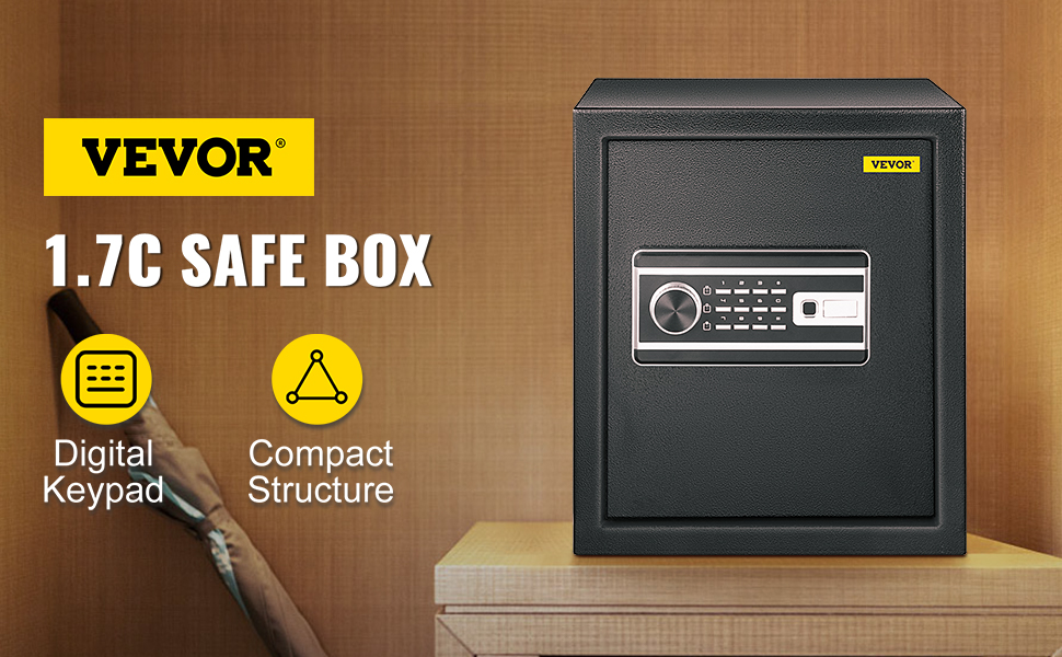 VEVOR fingerprint safe box with digital keypad and compact 1.7c structure.