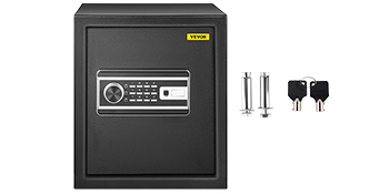 black VEVOR fingerprint safe box with keypad and keys beside it.